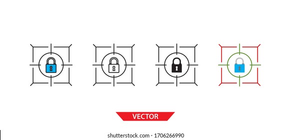 Einfaches Ziel auf Schloss Symbol auf weißem Hintergrund 4 Typen wie Umriss, Schwarz, Farbe, Umriss und Farbe. Vektorillustration.