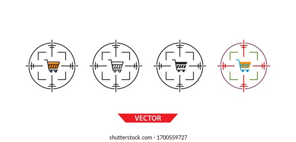 Simple objetivo en el mercado icono sobre fondo blanco 4 tipos como contorno, negro, color, contorno y color. Ilustración vectorial.