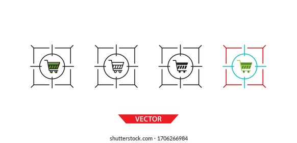 Simple target on market icon on white background 4 types such as outline, black, color, outline and color. Vector illustration.