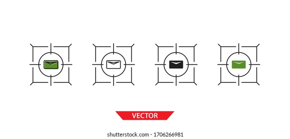 Destino simple en icono de mensaje sobre fondo blanco 4 tipos como contorno, negro, color, contorno y color. Ilustración vectorial.