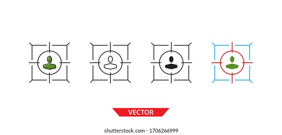 Simple target on person icon on white background 4 types such as outline, black, color, outline and color. Vector illustration.