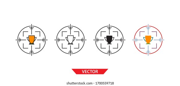 Simple target on trophy icon on white background 4 types such as outline, black, color, outline and color. Vector illustration.
