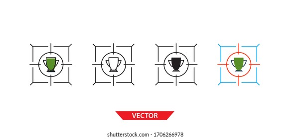 Destino simple en icono trofeo sobre fondo blanco 4 tipos como contorno, negro, color, contorno y color. Ilustración vectorial.