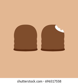 simple & tasty vector eaten dessert print. two nice brown sweet sugary Chocolate coated marshmallow with one bite treat isolated modern flat design style cartoon. whipped cream or mousse inside