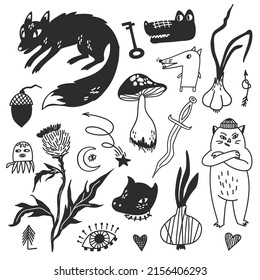 Simple tattoo or sticker set. Witchcraft. Set of weird items. Magic elements, mythical creatures, fox, heads, herbs, mushroom and onion. Linear and silhouette art. Happy Halloween