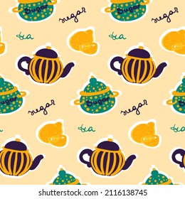 Simple tea items vector pattern on the beige background. Cartoon flat style purple, yellow and blue sugar jar, teapot and lemon. English tea time. Calligraphy lettering.