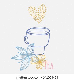 Simple tea party background. Lovely tea drinking card with heart and flowers. Vector illustration