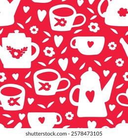 Simple tea seamless pattern. Hand drawn tableware: teapot, coffee pot, cup, mug. Flat vector illustration. Contrast red and white print for packaging, backgrounds, backdrops. Picture by freehand.