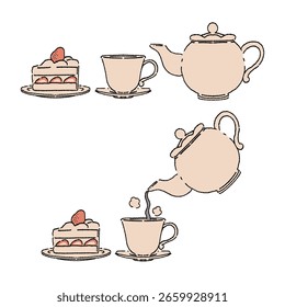 Conjunto de té simple e ilustración de dibujo de línea de pastel