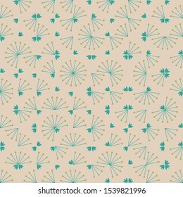Simple teal buds on branches with leaves seamless vector pattern on cream background. Vector illustration. Surface pattern design for fabric, wallpaper, scrapbooking projects or backgrounds.