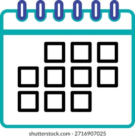 Ilustración sencilla de calendario verde azulado con cuadros vacíos para marcar fechas y programar eventos importantes.