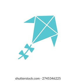 A simple teal kite with a long tail soaring through the air.