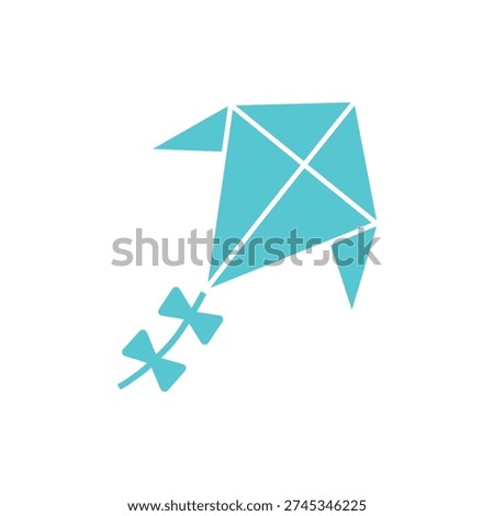 A simple teal kite with a long tail soaring through the air.