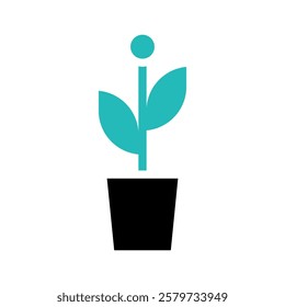 Simple Teal Plant Icon in Black Pot on White Background