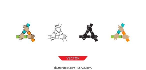 Icono simple de trabajo en equipo sobre fondo blanco 4 tipos como contorno, negro, color, contorno y color. Ilustración vectorial.