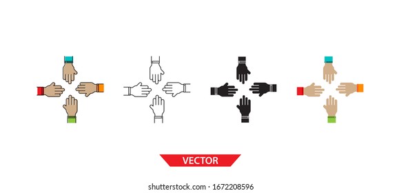 Simple teamwork icon on white background 4 types such as outline, black, color, outline and color. Vector illustration.