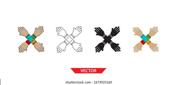 Einfaches Teamwork-Symbol auf weißem Hintergrund 4 Typen wie Umriss, Schwarz, Farbe, Umriss und Farbe. Vektorillustration.