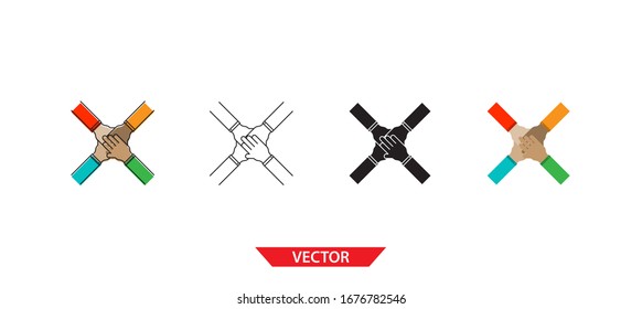 Einfaches Teamwork-Symbol auf weißem Hintergrund 4 Typen wie Umriss, Schwarz, Farbe, Umriss und Farbe. Vektorillustration.