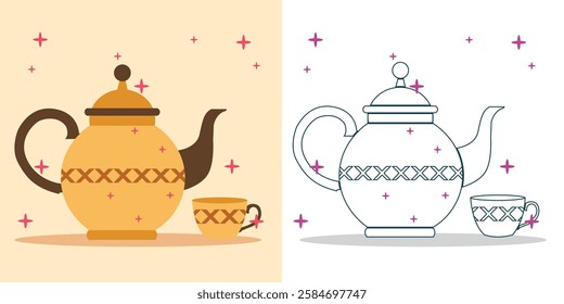 a simple teapot and tea cup illustration for design element or coloring book element