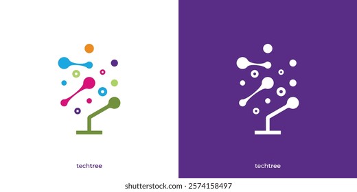 Simple Tech Tree Logo. Tree and Dot Connect Graphic Icons. Technology Tree Logo Design Template.