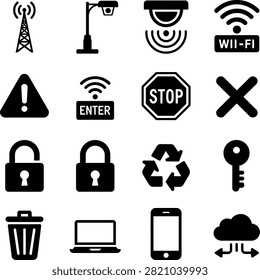 simple technology security and communication symbols with clear visual styles