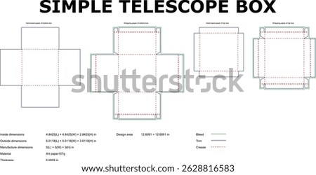 Simple telescope box template showing dimensions and construction for packaging design and manufacturing purpose