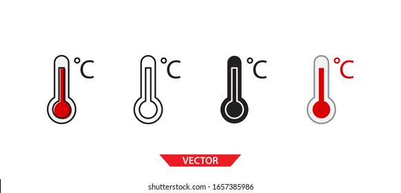 Sencillo icono de celsius de temperatura sobre fondo blanco 4 tipos como contorno, negro, color, contorno y color. Ilustración vectorial.
