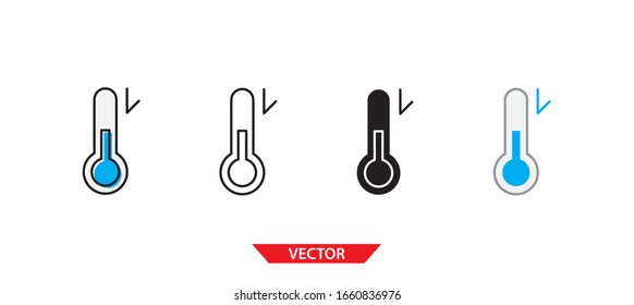 Simple temperature low arrow icon on white background 4 types such as outline, black, color, outline and color. Vector illustration.