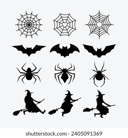 simple template black silhouettes of halloween symbols and attributes with nest, spider, bat, flying witch