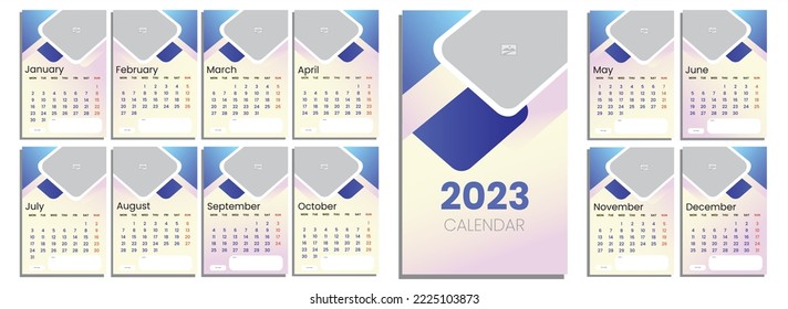 Simple template calendar for 12 month, vector illustration, calendar layout for 2023 year in english with cover