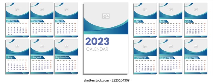 Calendario de plantilla simple para 12 meses, ilustración vectorial, diseño de calendario para 2023 año en inglés con portada, para elementos interiores, calendario de oficina, recuerdo