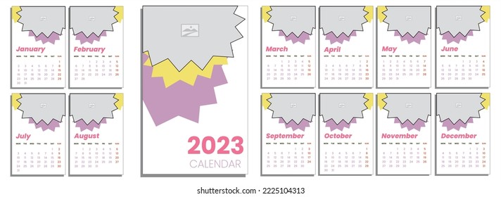 Simple template calendar for 12 month, vector illustration, calendar layout for 2023 year in english with cover, for interior elements, office calendar, souvenir