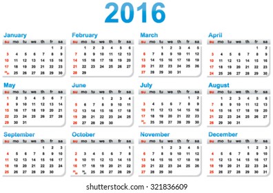 Simple template of a calendar 2016 year