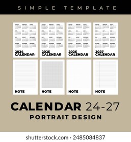 Simple Template Calendar 2024 - 2027 and Note, Portrait Design