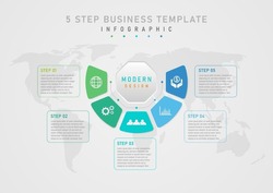 Simple Template Infographic 5 Step Business Hexagon Centered Multi-colored Square With White Icon In Center Square Frame And Lettering Text. Outer Map Bottom Gray Gradient Background