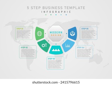 Simple template infographic 5 step business hexagon centered multi-colored square with white icon in center square frame and lettering text. Outer map bottom gray gradient background