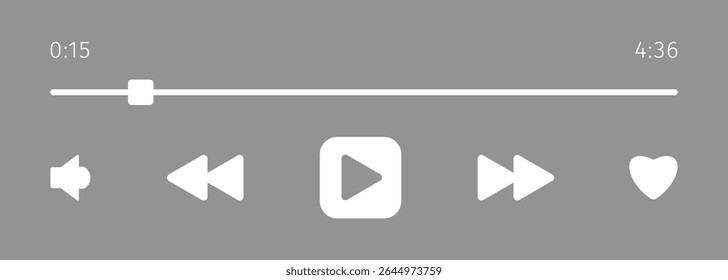 Simple template of media device playback panel interface. Audio or video mini player progress loading bar with time slider, play, rewind buttons. Minimalist web display. White grey theme.
