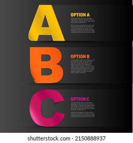 Simple template with three big abc letters for three options versions or steps infographic with place for some description. Template for dark three choices options product versions.