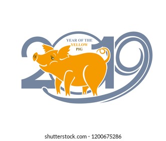 Simple template with a Yellow Pig in 2019. New Year's design. Vector pattern.
