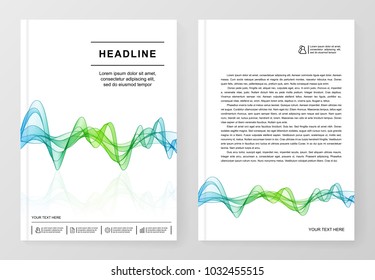 Simple Templates A4 with Gradient Wave Line for Business Presentation, Publications, Blank. Easy Editable. Layouts with Smooth Wavy Curved Lines of Cover and Page for Annual Report.