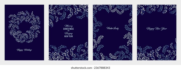 Simple Сhristmas templates with copy space. Set greeting cards Merry Christmas, Happy New Year with vector hand drawn decorative, abstract, artistic Christmas wreath, ornate floral frame,  ornament