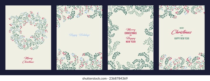 Simple Сhristmas templates with copy space. Set greeting cards Merry Christmas, Happy New Year with vector hand drawn, abstract, artistic Christmas wreath, universal floral frame, winter ornament