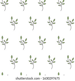 Simple tender twig on a white background. Spring seamless pattern.Leaves and shoots.Design of packaging, website, packages, social networks, fabrics, Wallpapers.Vector illustration
