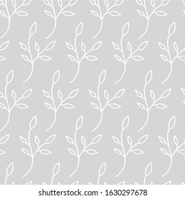 Simple tender twig on a white background. Spring seamless pattern.Leaves and shoots.Design of packaging, website, packages, social networks, fabrics, Wallpapers.Vector illustration