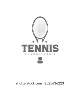 Ilustración vectorial vintage del diseño de la Plantilla del logotipo de la raqueta de tenis simple. Diseño gráfico de la bola y de la raqueta de tenis