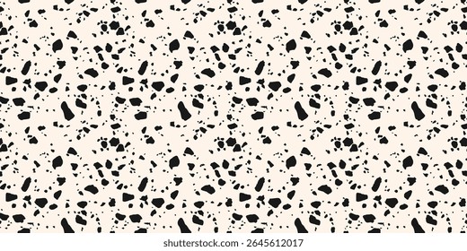 Suelos de terrazo simple textura sin fisuras. Patrón de Vector realista de piso de mosaico con piedras naturales, granito, mármol, Formas al azar. Fondo minimalista en blanco y negro. Diseño geo repetido de moda