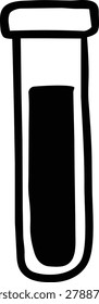 Simple test tube with black liquid inside. Clear glass container holds dark substance. Cap seals the top securely. Lab or scientific setting implied. Ideal for medical or research visuals