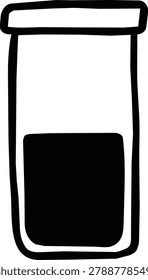 Simple test tube with black liquid inside. Clear glass container holds dark substance. Cap seals the top securely. Lab or scientific setting implied. Ideal for medical or research visuals