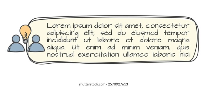 Simple text block with icon of people and light bulb, brainstorming, teamwork for design of printed materials, website, newsletter. Hand drawn vector design element. Editable window with frame