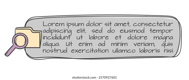 A simple text block with a magnifying glass and folder icon, searching for files, documents, research for the design of printed materials, a website, a newsletter. Hand drawn vector design element